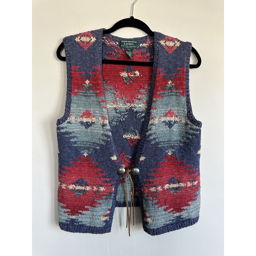 VTG Lauren Ralph Lauren Hand Knitted Southwestern Ranch Vest Linen Large Petite
